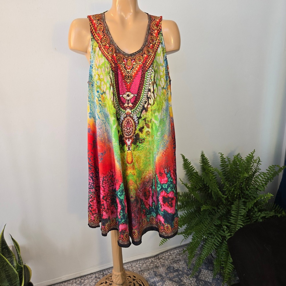 Rima Womens Beachworld Tunic OS Multi Color Crystal Animal Print Boho Resortwear